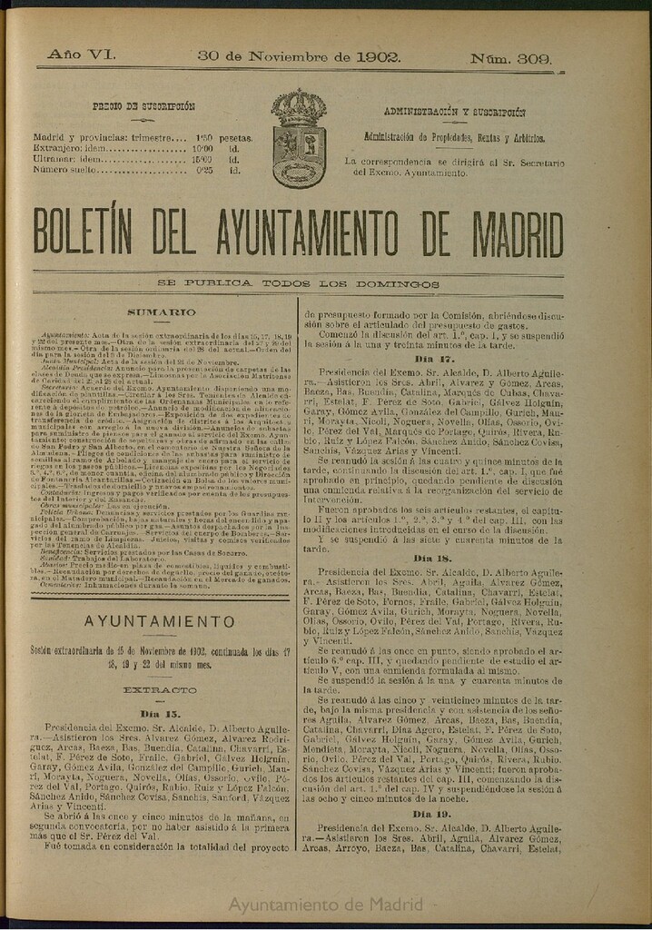 Miniatura de Boletín Oficial del Ayuntamiento de Madrid de 30 de noviembre de 1902, nº 309