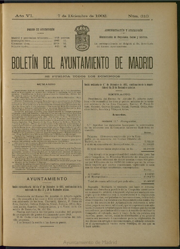 Miniatura de Boletín Oficial del Ayuntamiento de Madrid de 07 de diciembre de 1902, nº 310