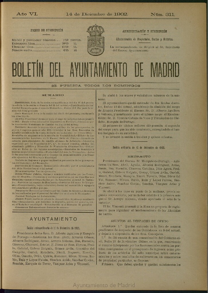 Miniatura de Boletín Oficial del Ayuntamiento de Madrid de 14 de diciembre de 1902, nº 311