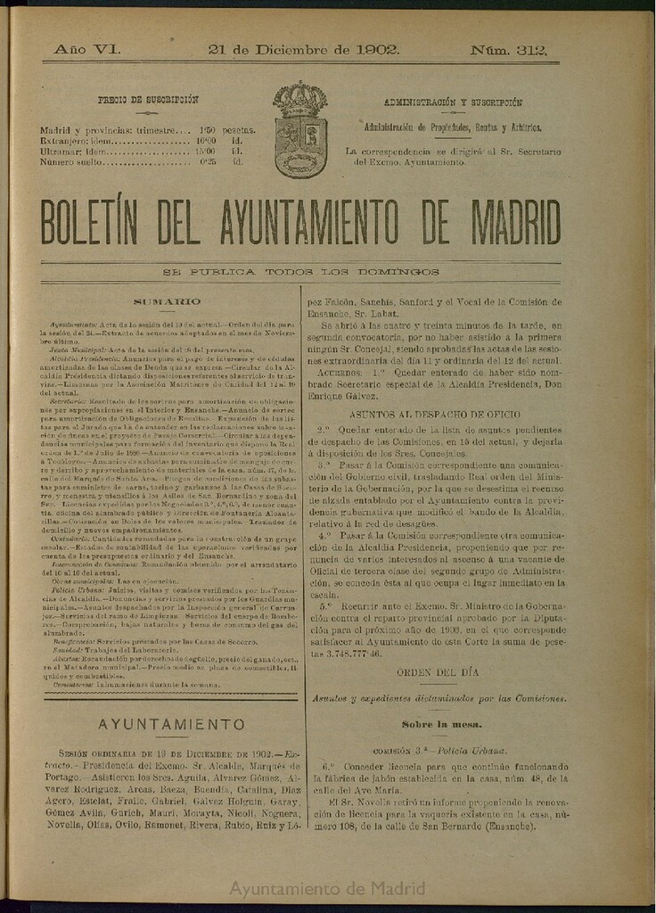 Miniatura de Boletín Oficial del Ayuntamiento de Madrid de 21 de diciembre de 1902, nº 312