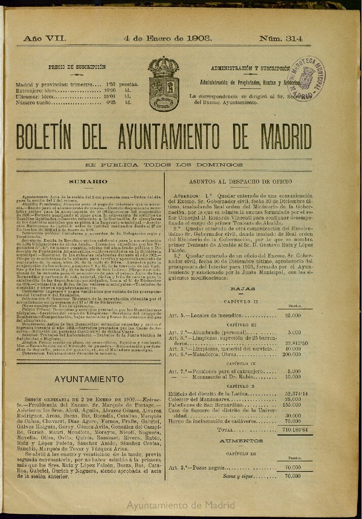 Miniatura de Boletín Oficial del Ayuntamiento de Madrid del 4 de enero de 1903, nº 314