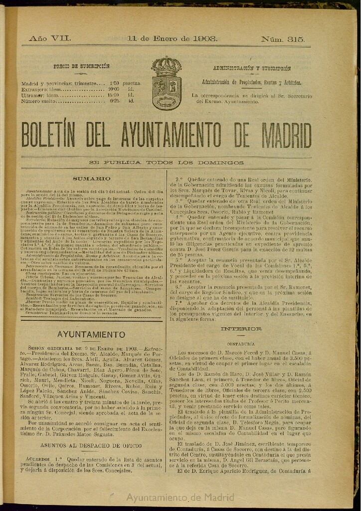 Miniatura de Boletín Oficial del Ayuntamiento de Madrid del 11 de enero de 1903, nº 315