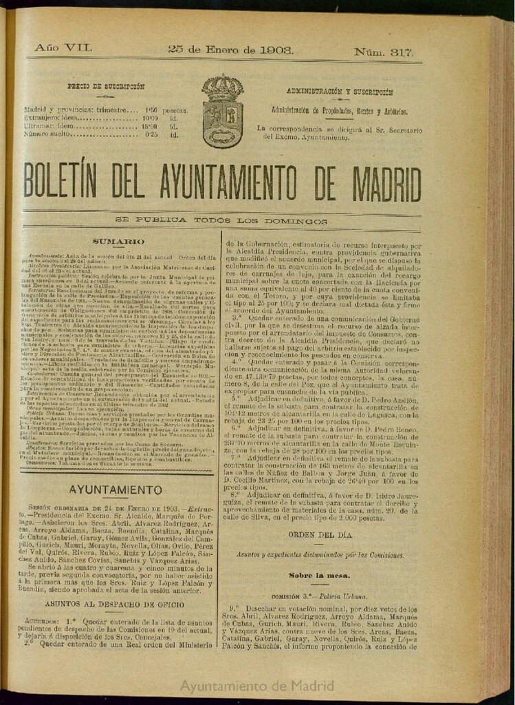 Miniatura de Boletín Oficial del Ayuntamiento de Madrid del 25 de enero de 1903, nº 317