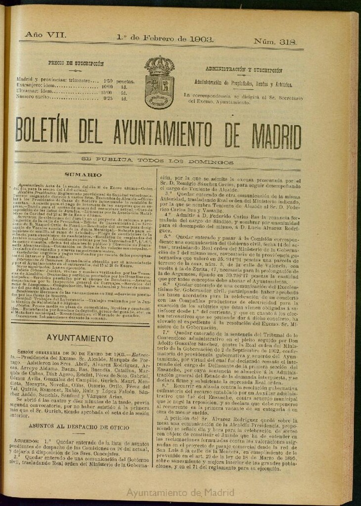 Miniatura de Boletín Oficial del Ayuntamiento de Madrid del 1 de febrero de 1903, nº 318