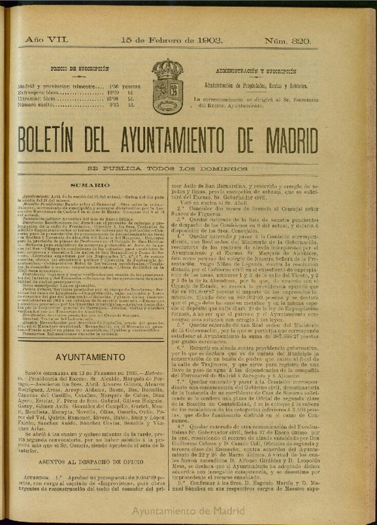Miniatura de Boletín Oficial del Ayuntamiento de Madrid del 15 de febrero de 1903, nº 320