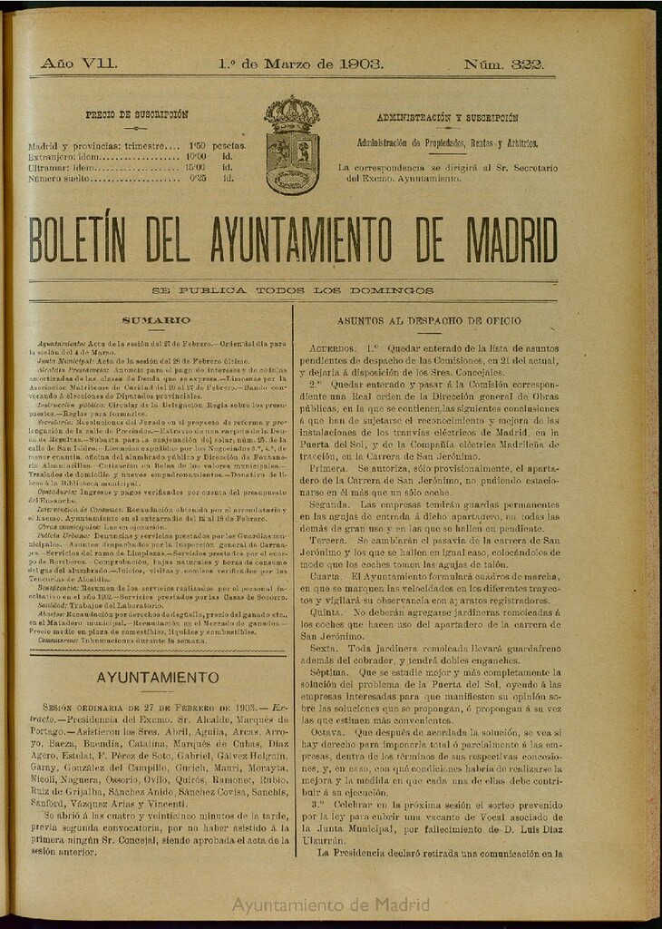 Miniatura de Boletín Oficial del Ayuntamiento de Madrid del 1 de marzo de 1903, nº 322