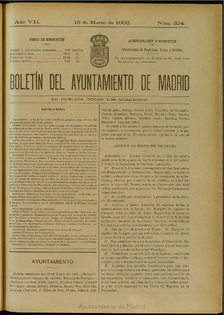 Miniatura de Boletín Oficial del Ayuntamiento de Madrid del 15 de marzo de 1903, nº 324