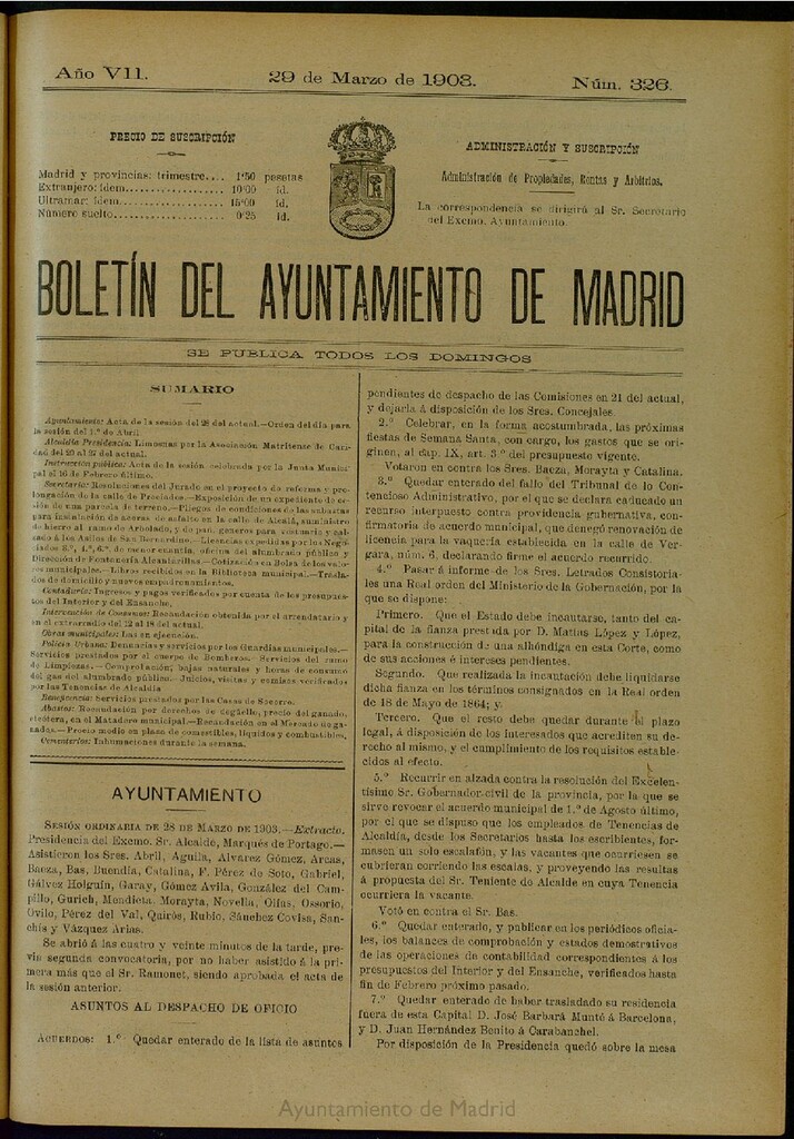 Miniatura de Boletín Oficial del Ayuntamiento de Madrid del 29 de marzo de 1903, nº 326