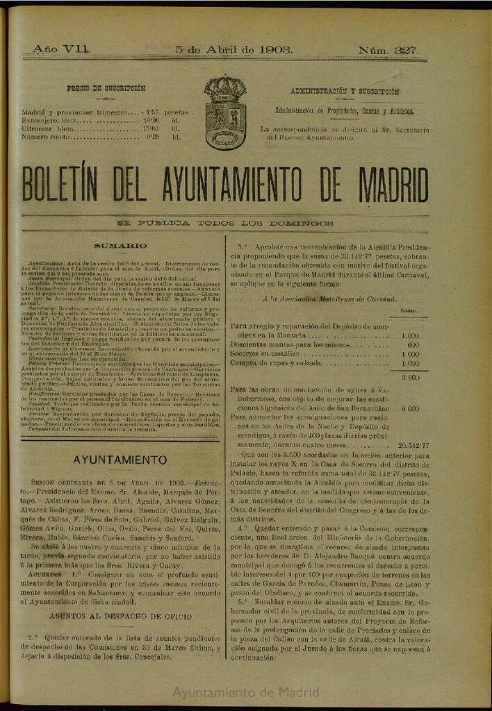 Miniatura de Boletín Oficial del Ayuntamiento de Madrid del 5 de abril de 1903, nº 327