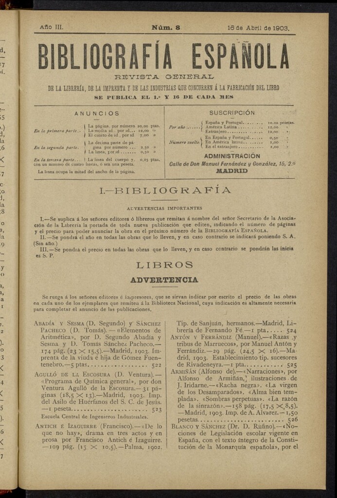 Miniatura de Bibliografía Española del 16 de abril de 1903