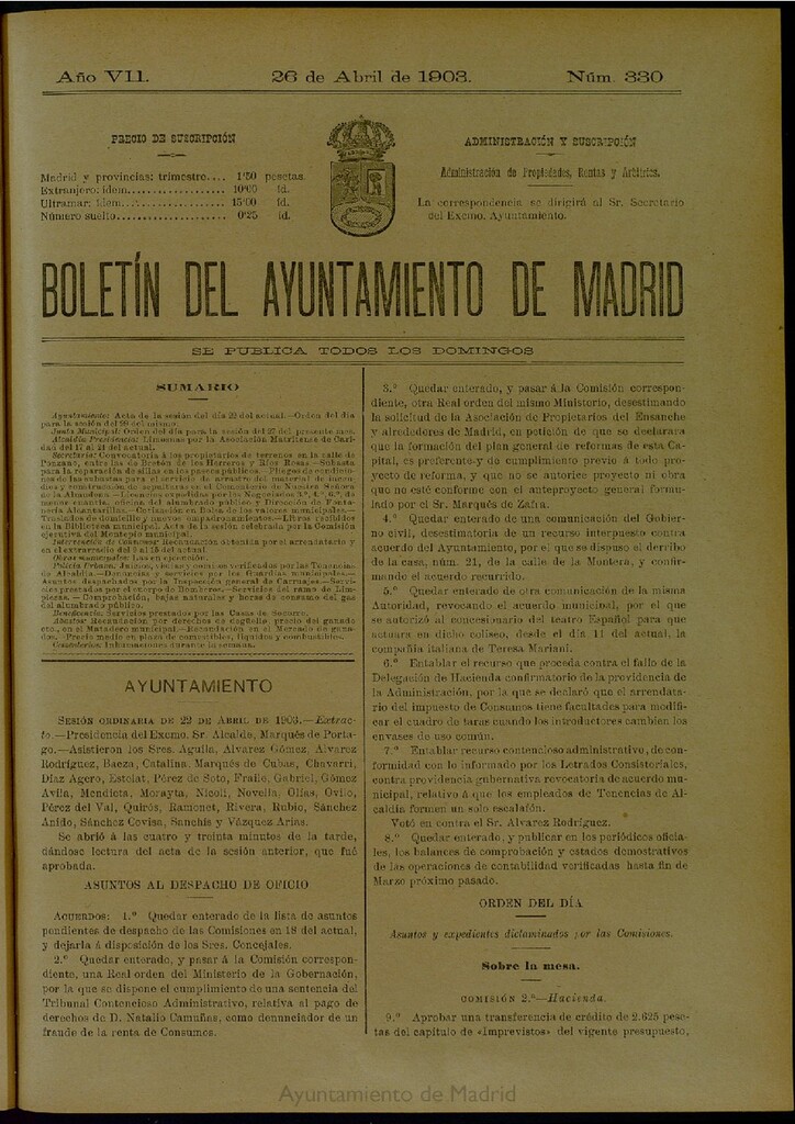 Miniatura de Boletín Oficial del Ayuntamiento de Madrid del 26 de abril de 1903, nº 330