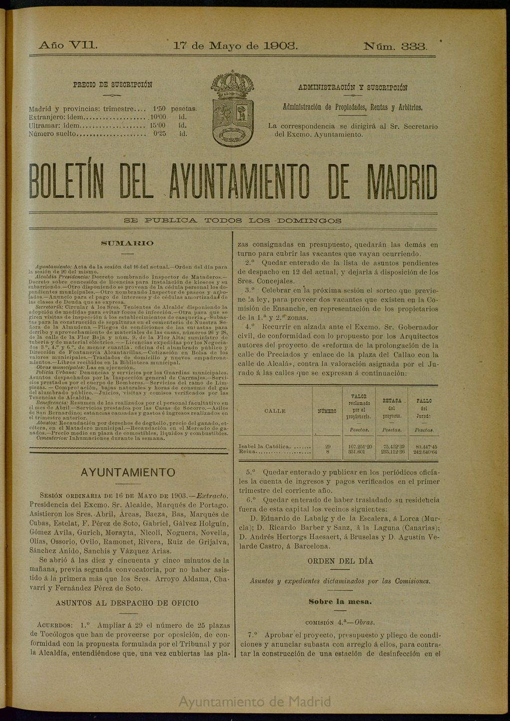 Miniatura de Boletín Oficial del Ayuntamiento de Madrid del 17 de mayo de 1903, nº 333