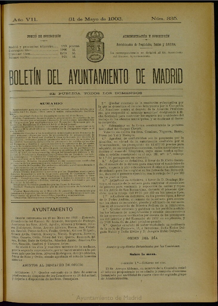 Miniatura de Boletín Oficial del Ayuntamiento de Madrid del 31 de mayo de 1903, nº 335