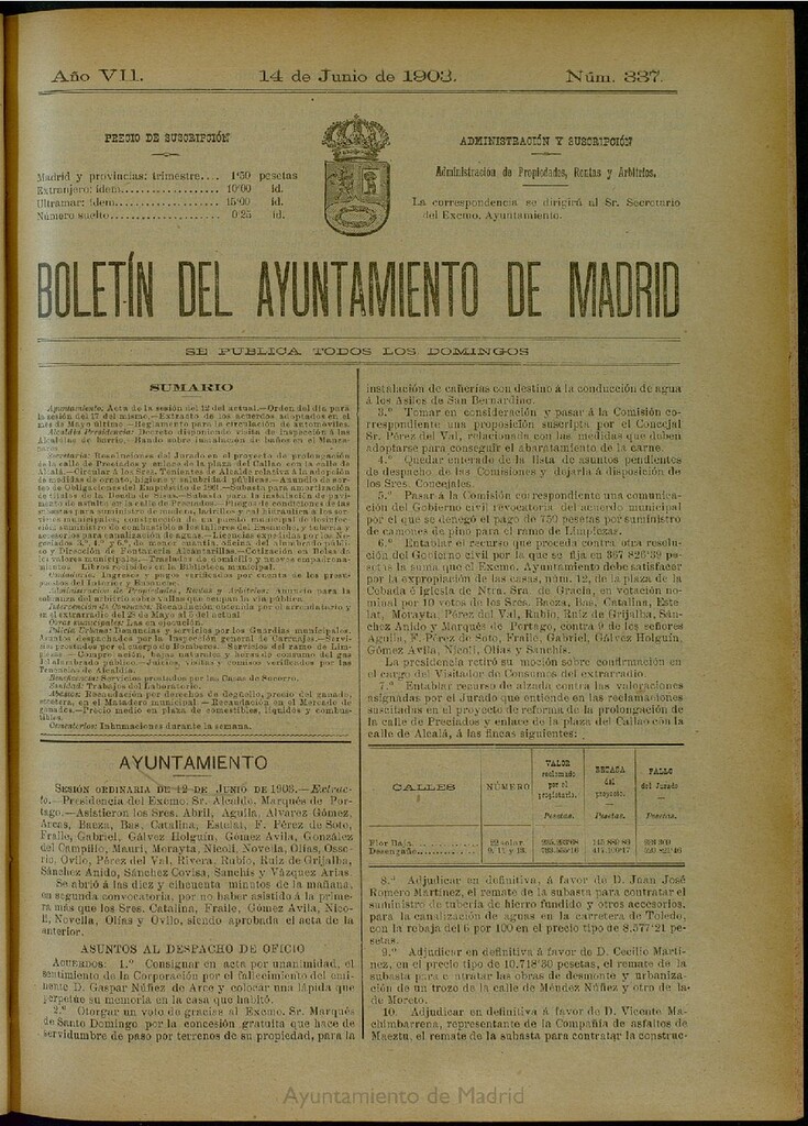 Miniatura de Boletín Oficial del Ayuntamiento de Madrid del 14 de junio de 1903, nº 337