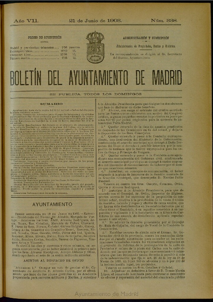 Miniatura de Boletín Oficial del Ayuntamiento de Madrid del 21 de junio de 1903, nº 338