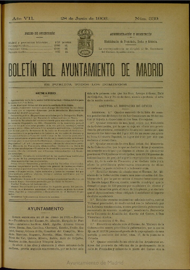 Miniatura de Boletín Oficial del Ayuntamiento de Madrid del 28 de junio de 1903, nº 339