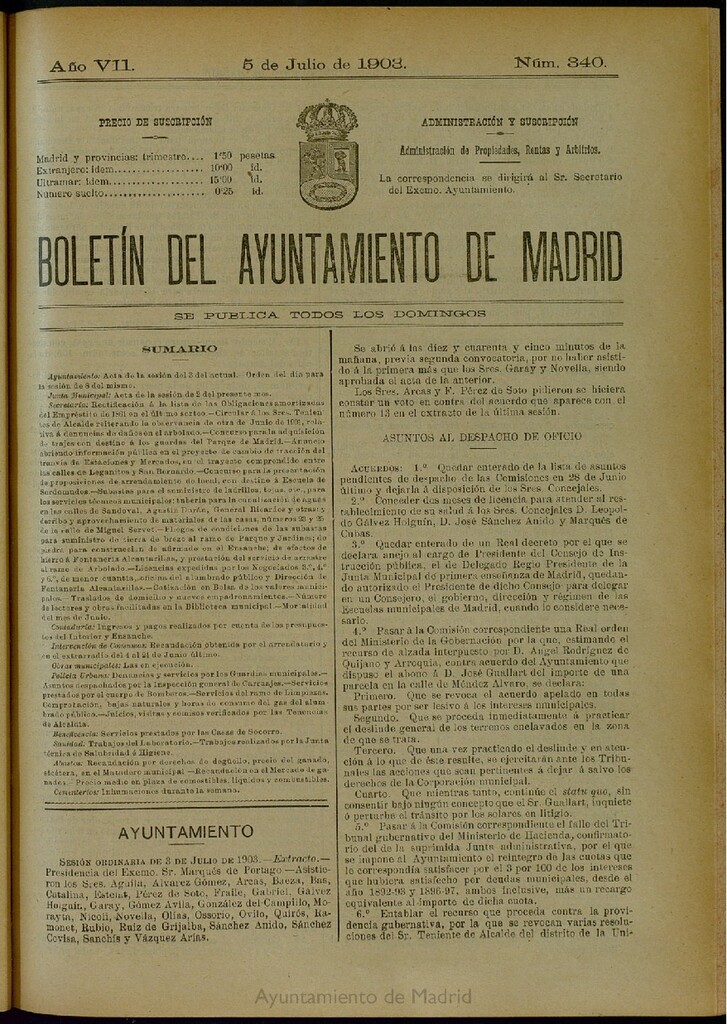 Miniatura de Boletín Oficial del Ayuntamiento de Madrid del 5 de julio de 1903, nº 340