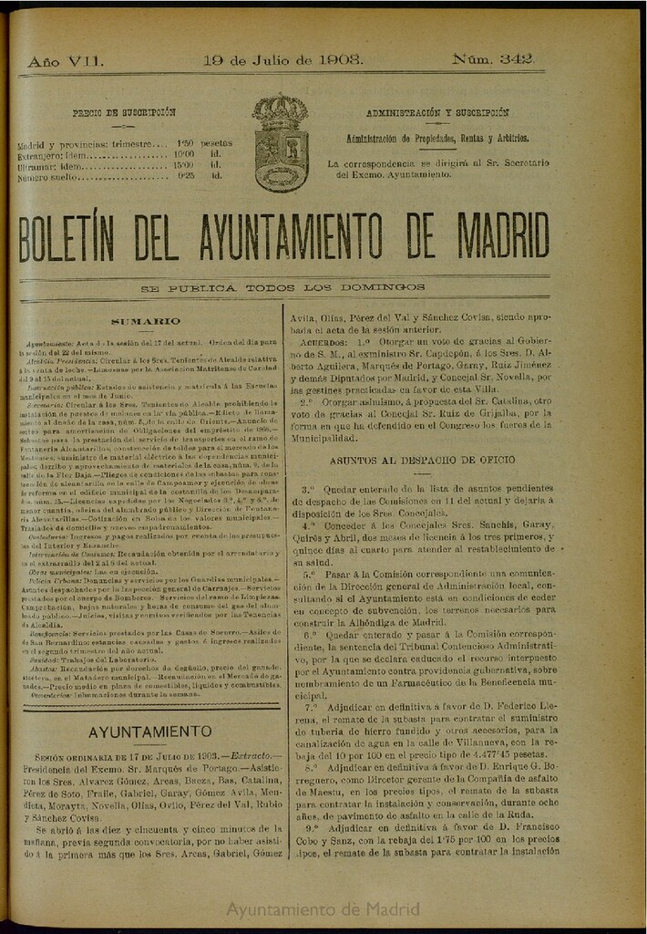 Miniatura de Boletín Oficial del Ayuntamiento de Madrid del 19 de julio de 1903, nº 342