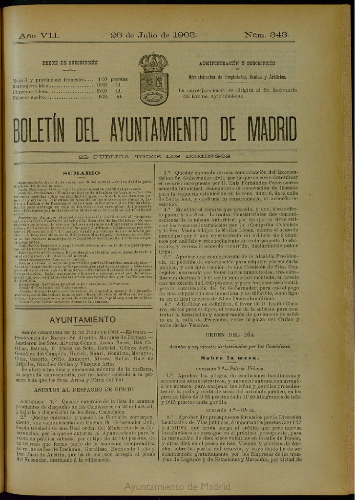 Miniatura de Boletín Oficial del Ayuntamiento de Madrid del 26 de julio de 1903, nº 343