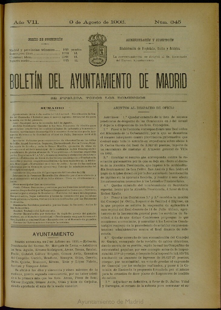 Miniatura de Boletín Oficial del Ayuntamiento de Madrid del 9 de agosto de 1903, nº 345