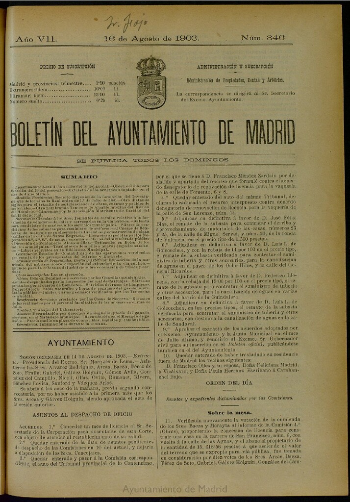 Miniatura de Boletín Oficial del Ayuntamiento de Madrid del 16 de agosto de 1903, nº 346
