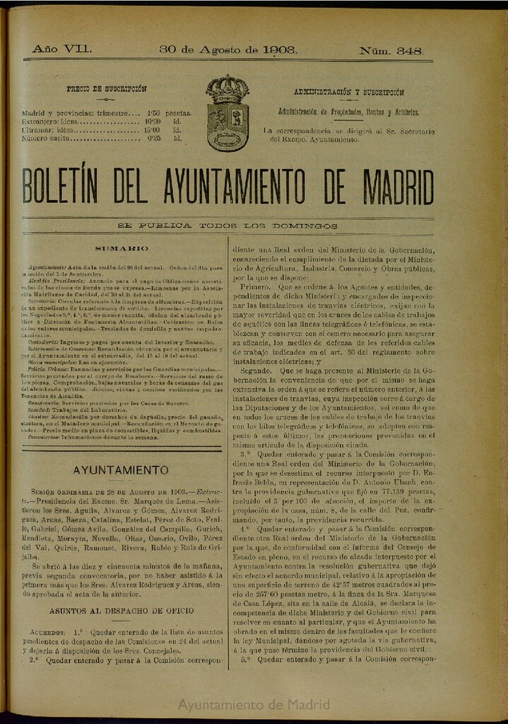 Miniatura de Boletín Oficial del Ayuntamiento de Madrid del 30 de agosto de 1903, nº 348