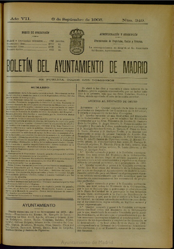 Miniatura de Boletín Oficial del Ayuntamiento de Madrid del 6 de septiembre de 1903, nº 349