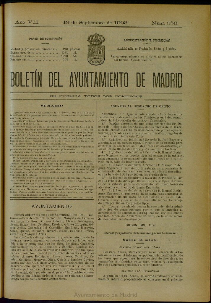 Miniatura de Boletín Oficial del Ayuntamiento de Madrid del 13 de septiembre de 1903, nº 350