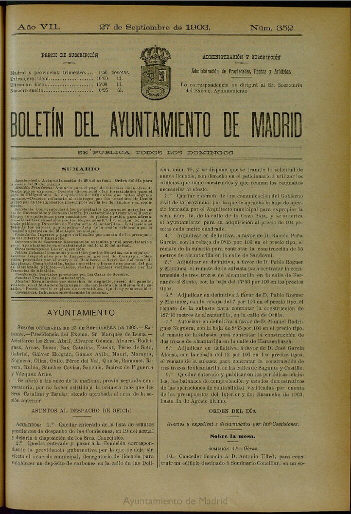 Miniatura de Boletín Oficial del Ayuntamiento de Madrid del 27 de septiembre de 1903, nº 352