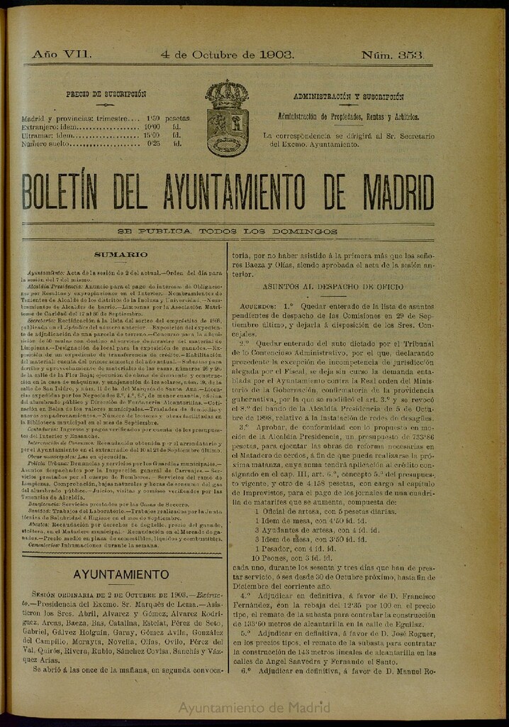 Miniatura de Boletín Oficial del Ayuntamiento de Madrid del 4 de octubre de 1903, nº 353