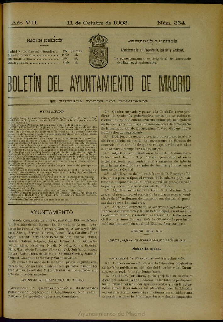 Miniatura de Boletín Oficial del Ayuntamiento de Madrid del 11 de octubre de 1903, nº 354