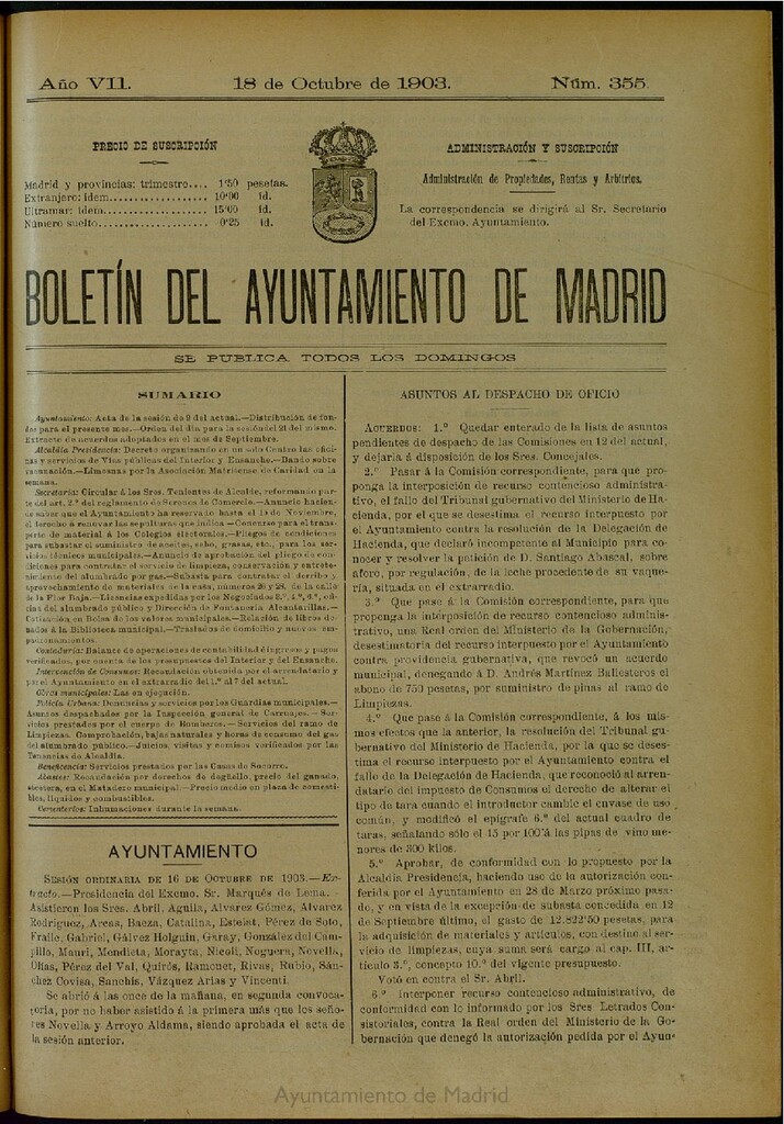 Miniatura de Boletín Oficial del Ayuntamiento de Madrid del 18 de octubre de 1903, nº 355