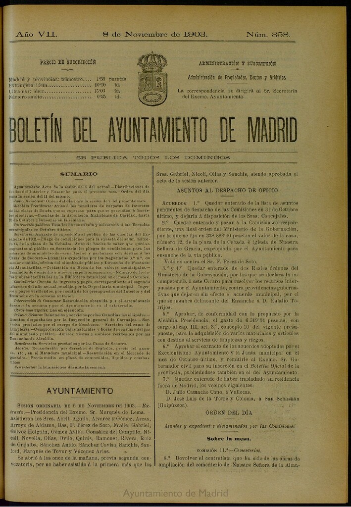 Miniatura de Boletín Oficial del Ayuntamiento de Madrid del 8 de noviembre de 1903, nº 358
