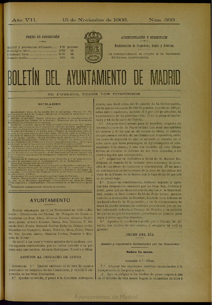Miniatura de Boletín Oficial del Ayuntamiento de Madrid del 15 de noviembre de 1903, nº 359