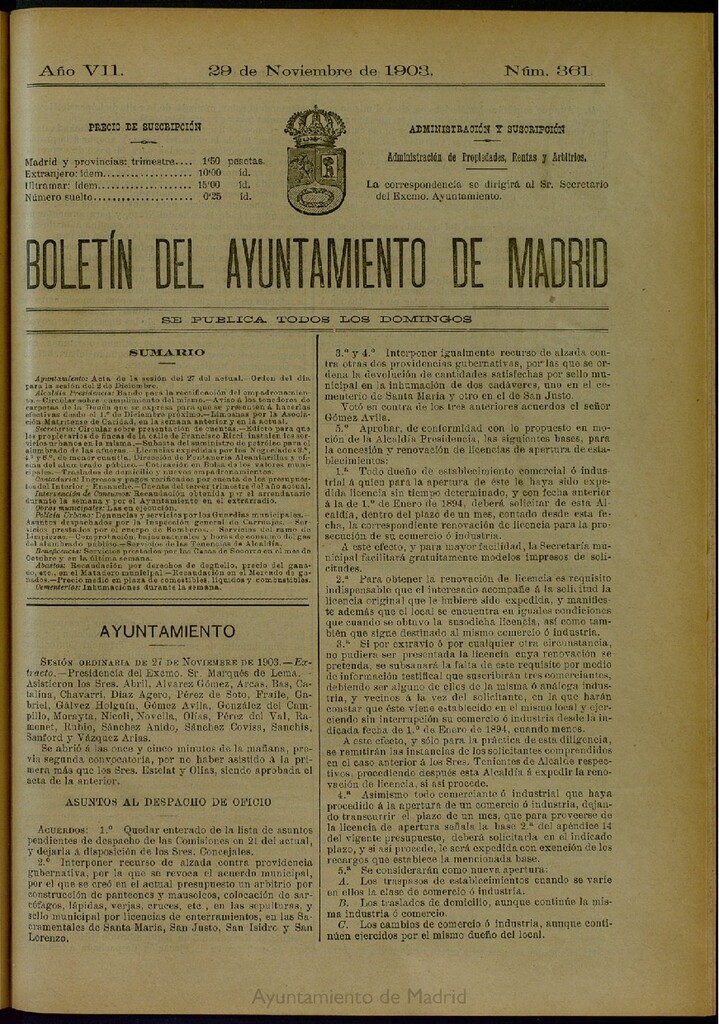 Miniatura de Boletín Oficial del Ayuntamiento de Madrid del 29 de noviembre de 1903, nº 361