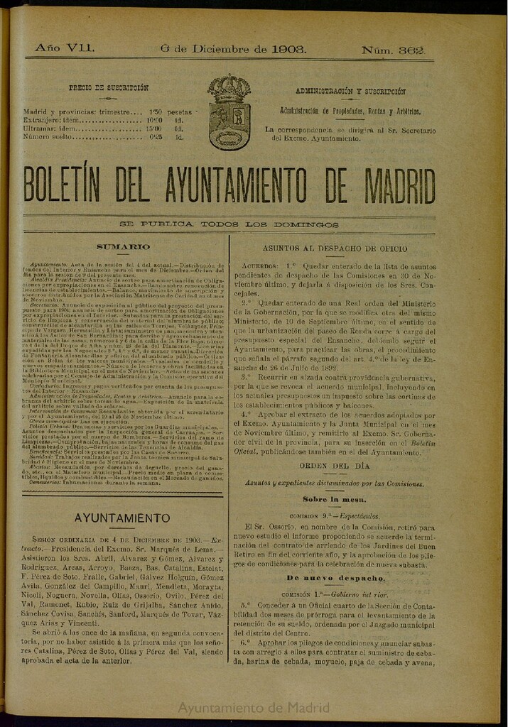 Miniatura de Boletín Oficial del Ayuntamiento de Madrid del 6 de diciembre de 1903, nº 362