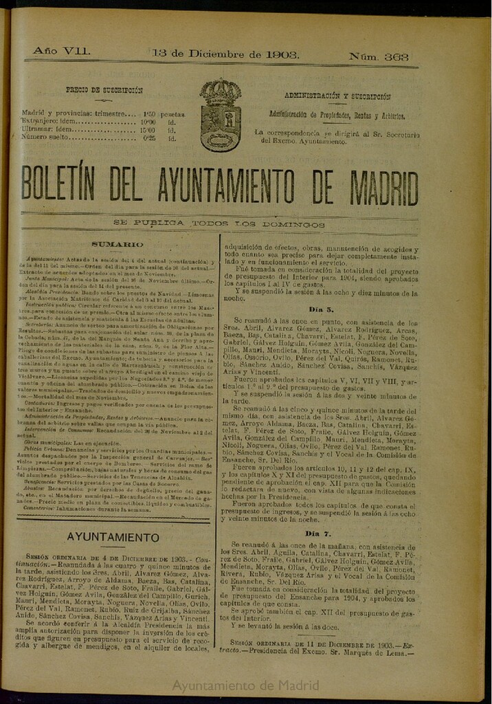 Miniatura de Boletín Oficial del Ayuntamiento de Madrid del 13 de diciembre de 1903, nº 363