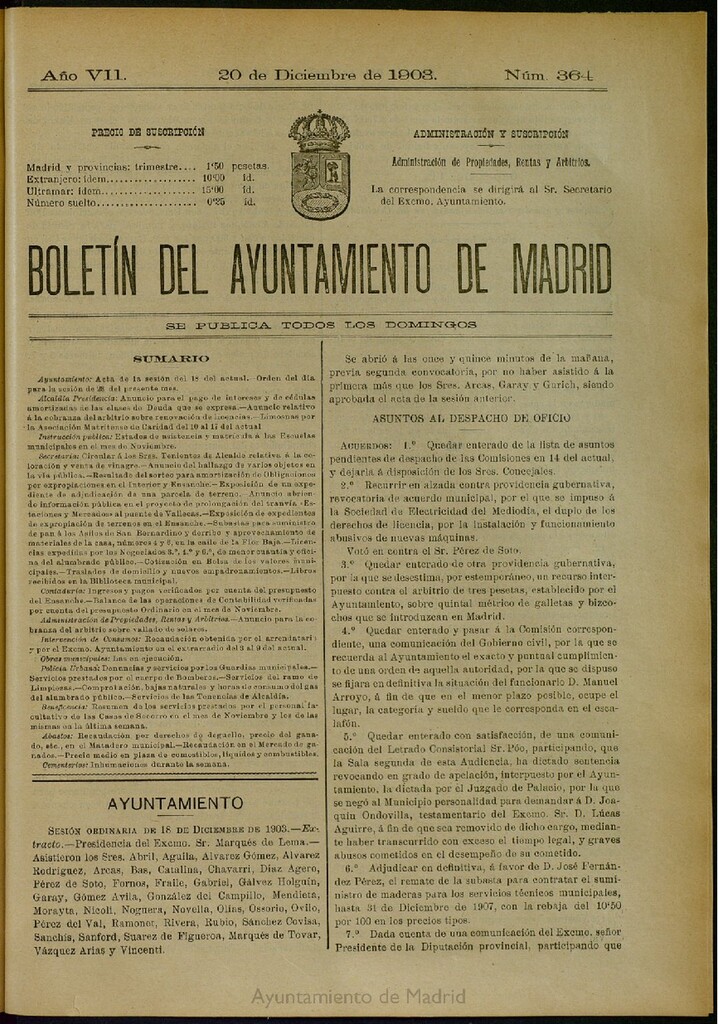Miniatura de Boletín Oficial del Ayuntamiento de Madrid del 20 de diciembre de 1903, nº 364
