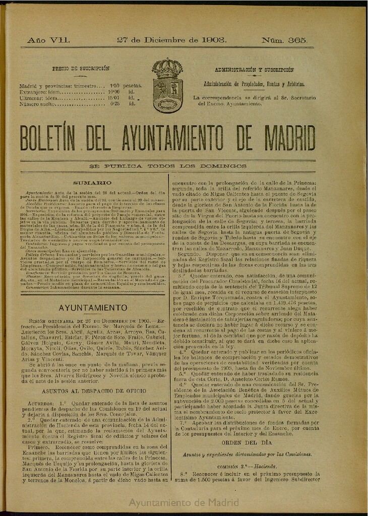 Miniatura de Boletín Oficial del Ayuntamiento de Madrid del 27 de diciembre de 1903, nº 365