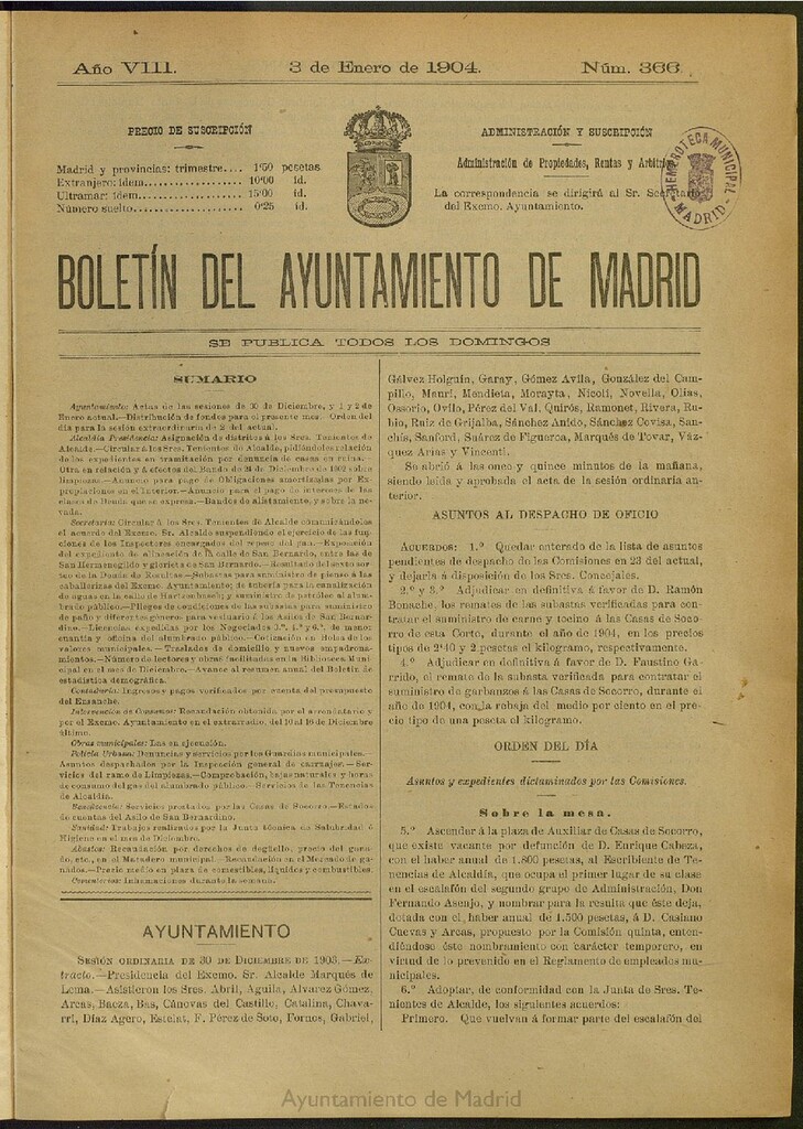 Miniatura de Boletín Oficial del Ayuntamiento de Madrid del 3 de enero de 1904, nº 366