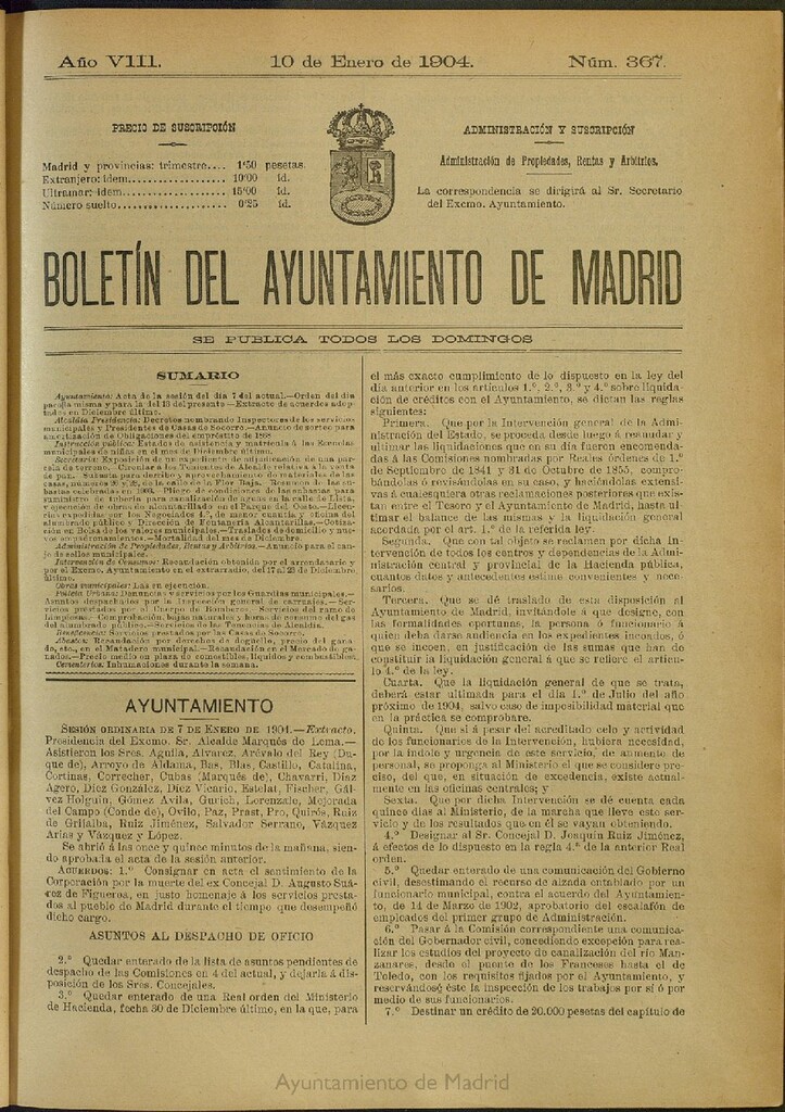 Miniatura de Boletín Oficial del Ayuntamiento de Madrid del 10 de enero de 1904, nº 367