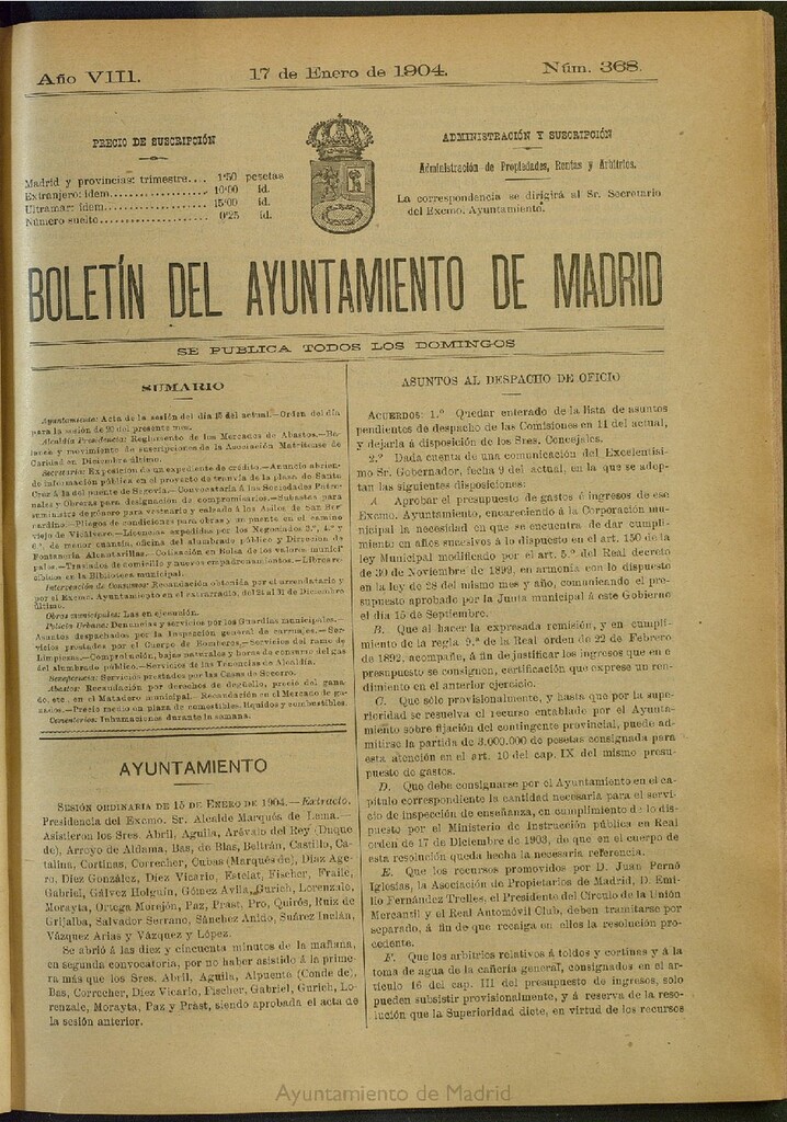 Miniatura de Boletín Oficial del Ayuntamiento de Madrid del 17 de enero de 1904, nº 368
