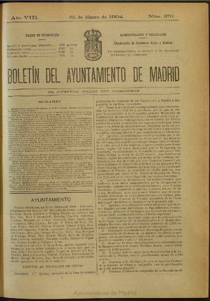 Miniatura de Boletín Oficial del Ayuntamiento de Madrid del 31 de enero de 1904, nº 370