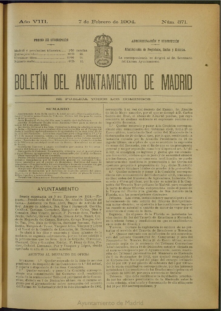 Miniatura de Boletín Oficial del Ayuntamiento de Madrid del 7 de febrero de 1904, nº 371