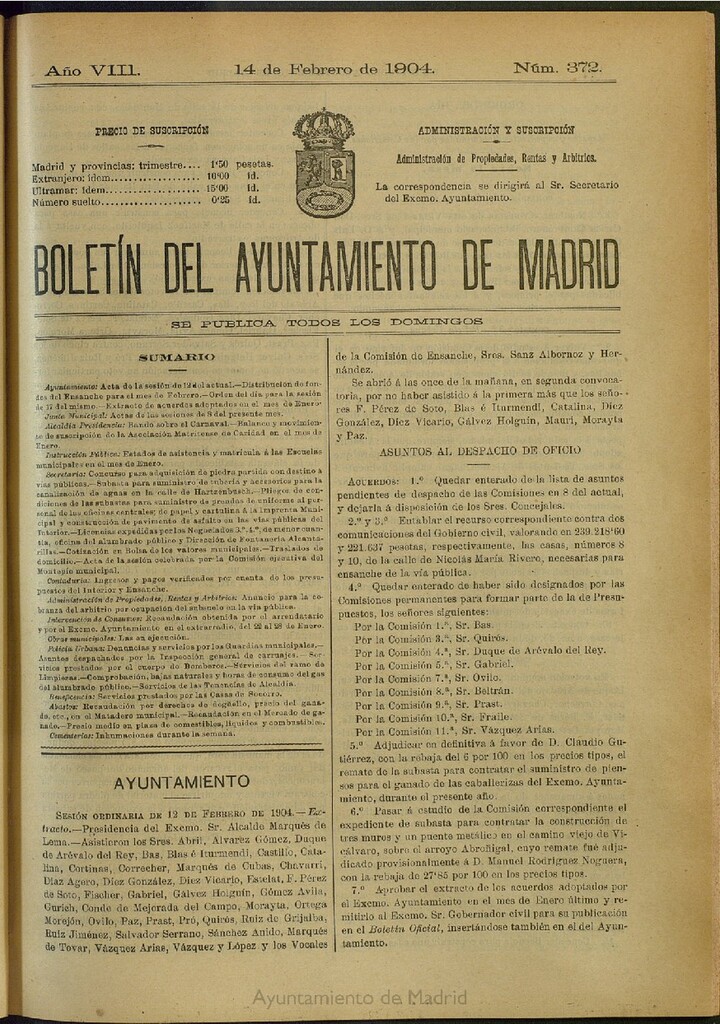 Miniatura de Boletín Oficial del Ayuntamiento de Madrid del 14 de febrero de 1904, nº 372