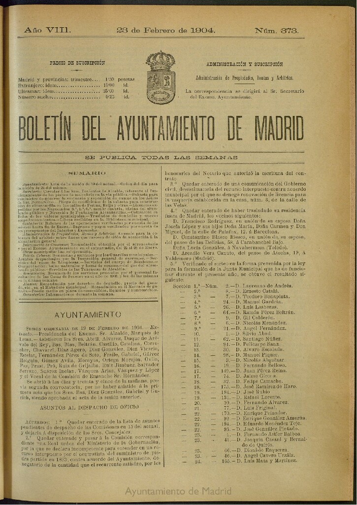 Miniatura de Boletín Oficial del Ayuntamiento de Madrid del 23 de febrero de 1904, nº 373