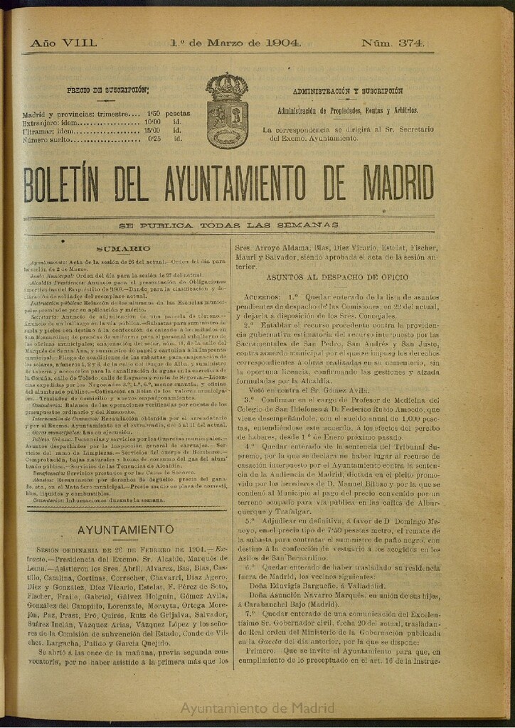 Miniatura de Boletín Oficial del Ayuntamiento de Madrid del 1 de marzo de 1904, nº 374