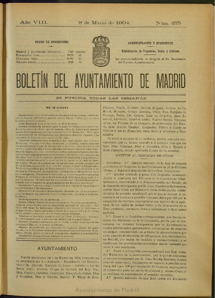 Miniatura de Boletín Oficial del Ayuntamiento de Madrid del 8 de marzo de 1904, nº 375
