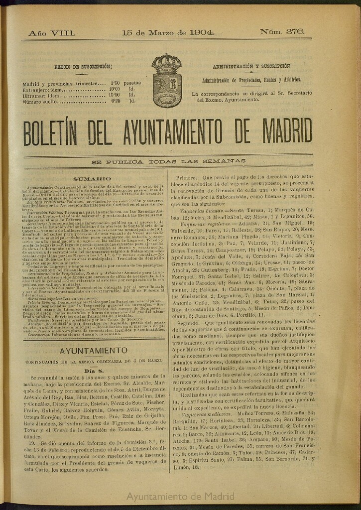Miniatura de Boletín Oficial del Ayuntamiento de Madrid del 15 de marzo de 1904, nº 376