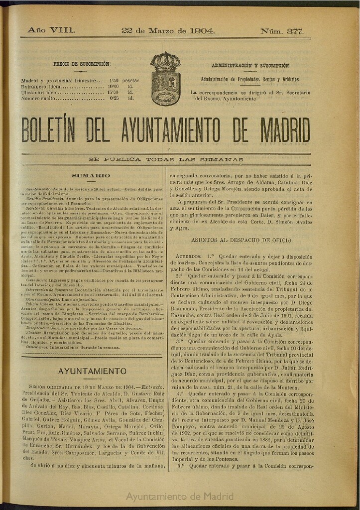 Miniatura de Boletín Oficial del Ayuntamiento de Madrid del 22 de marzo de 1904, nº 377